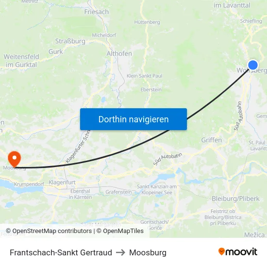 Frantschach-Sankt Gertraud to Moosburg map
