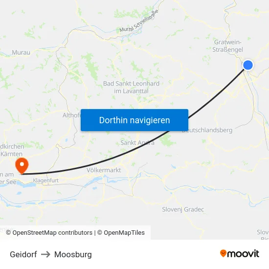 Geidorf to Moosburg map