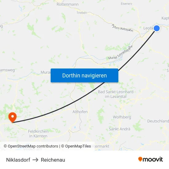 Niklasdorf to Reichenau map