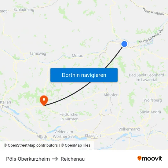 Pöls-Oberkurzheim to Reichenau map