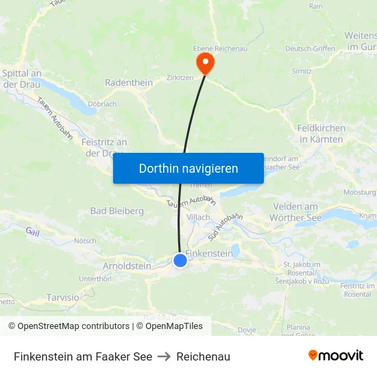 Finkenstein am Faaker See to Reichenau map
