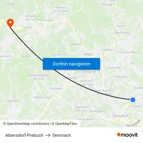 Albersdorf-Prebuch to Semriach map