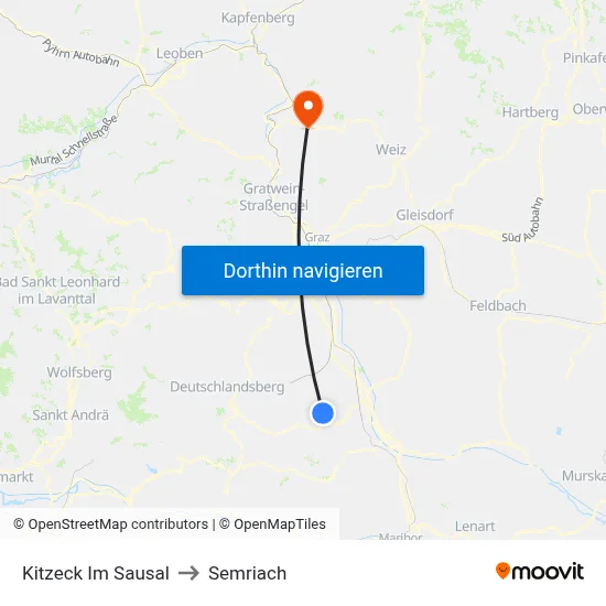 Kitzeck Im Sausal to Semriach map