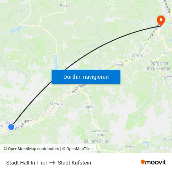 Stadt Hall In Tirol to Stadt Kufstein map