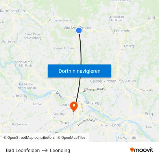 Bad Leonfelden to Leonding map