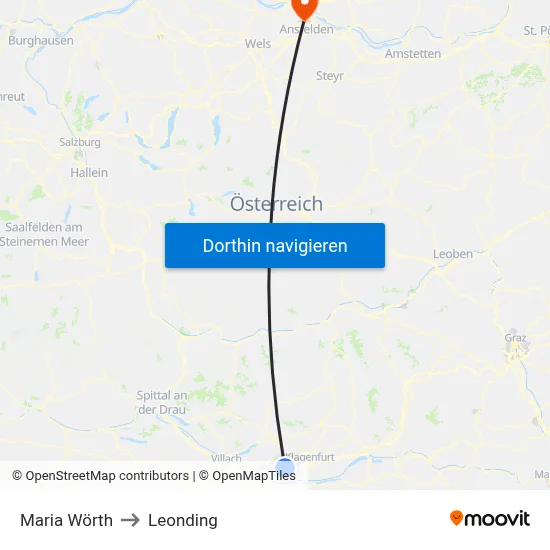 Maria Wörth to Leonding map