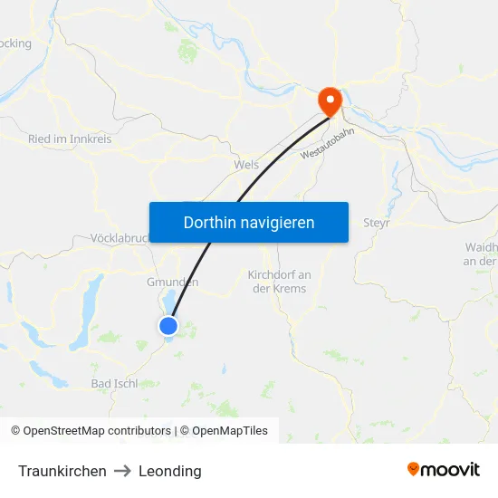 Traunkirchen to Leonding map