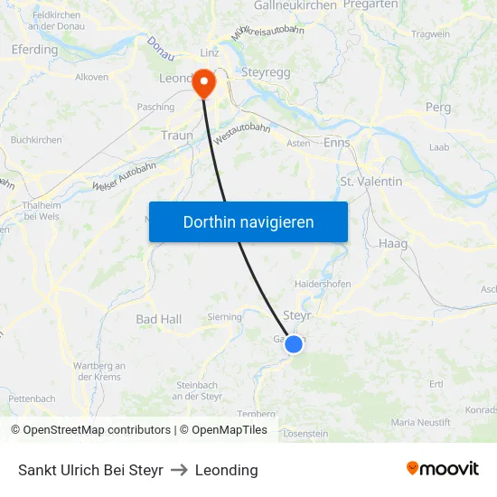 Sankt Ulrich Bei Steyr to Leonding map
