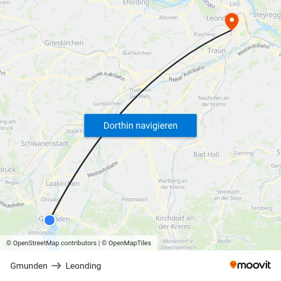 Gmunden to Leonding map