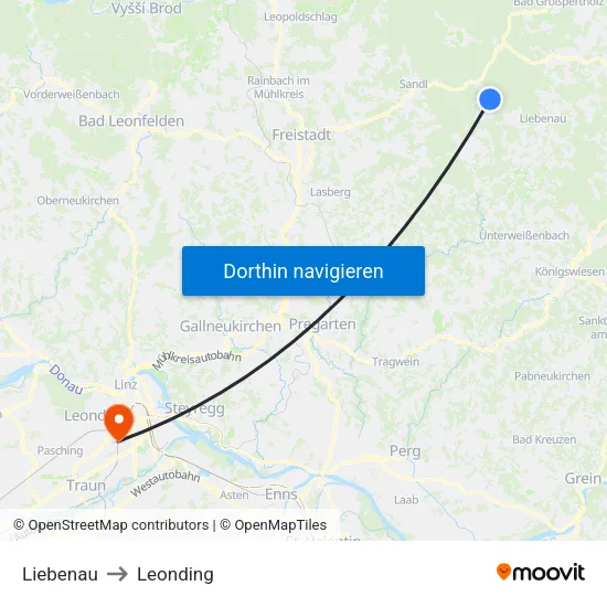 Liebenau to Leonding map