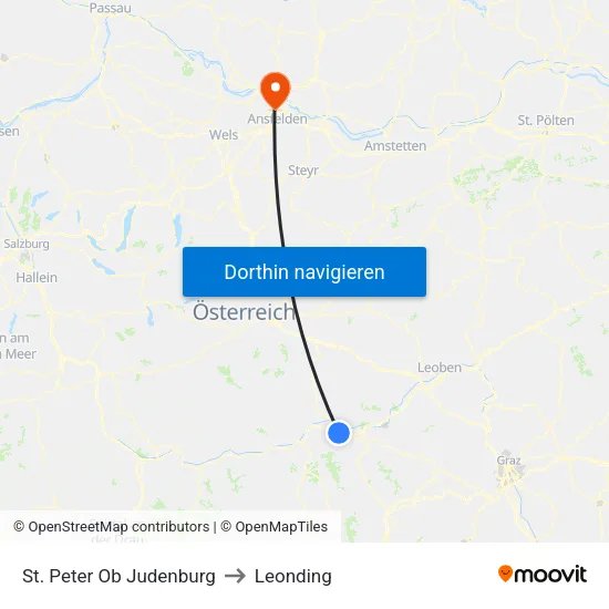 St. Peter Ob Judenburg to Leonding map