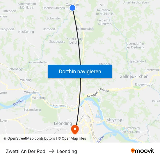 Zwettl An Der Rodl to Leonding map