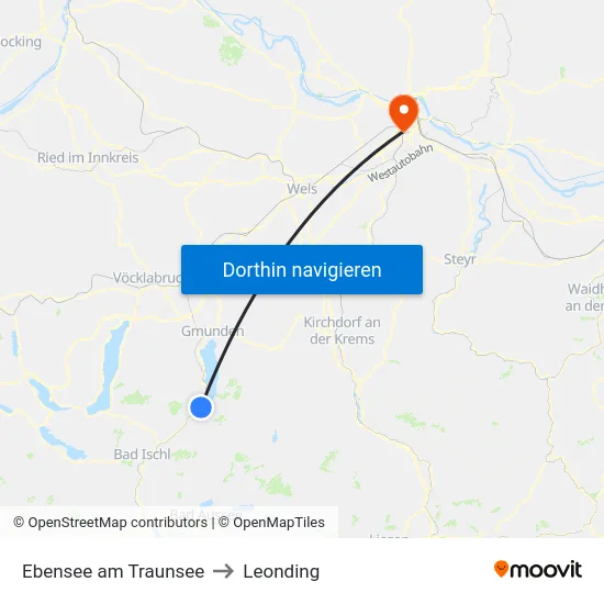 Ebensee am Traunsee to Leonding map