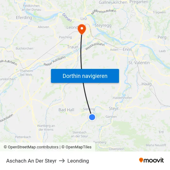 Aschach An Der Steyr to Leonding map