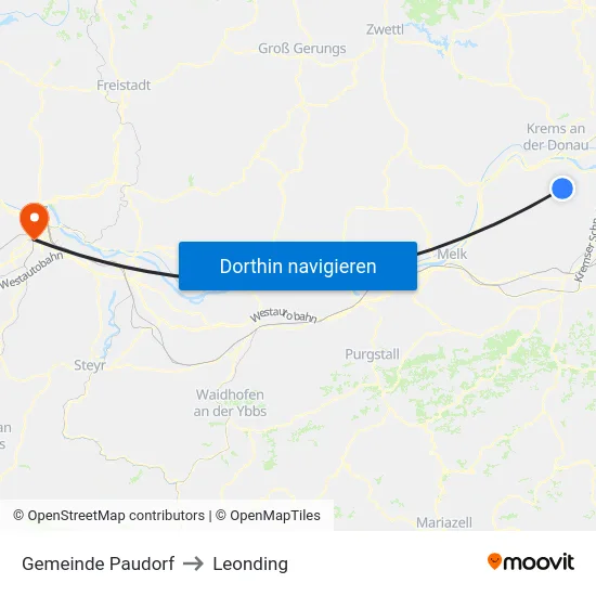 Gemeinde Paudorf to Leonding map