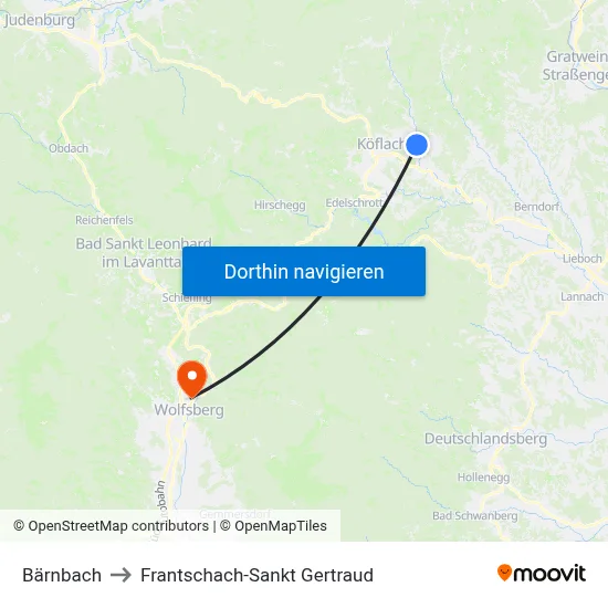 Bärnbach to Frantschach-Sankt Gertraud map