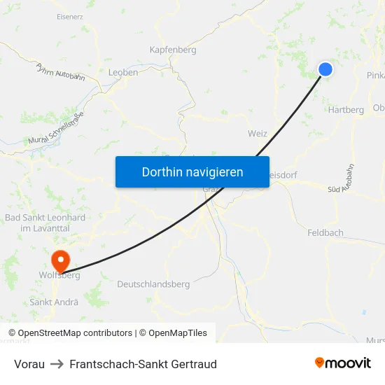 Vorau to Frantschach-Sankt Gertraud map