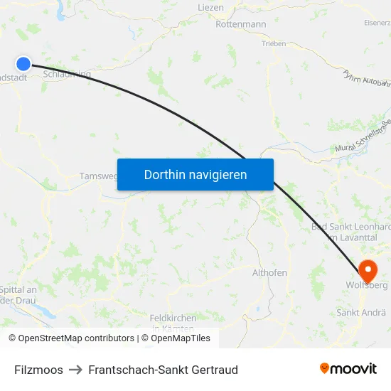 Filzmoos to Frantschach-Sankt Gertraud map