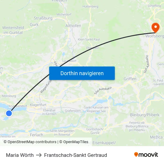 Maria Wörth to Frantschach-Sankt Gertraud map