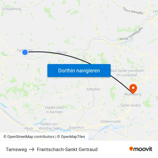 Tamsweg to Frantschach-Sankt Gertraud map
