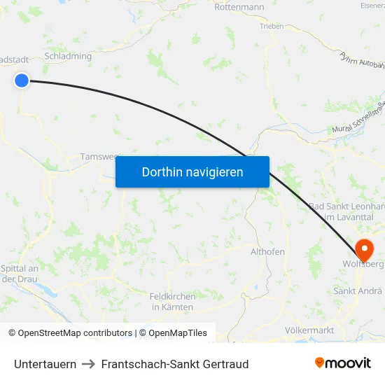 Untertauern to Frantschach-Sankt Gertraud map