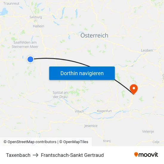Taxenbach to Frantschach-Sankt Gertraud map