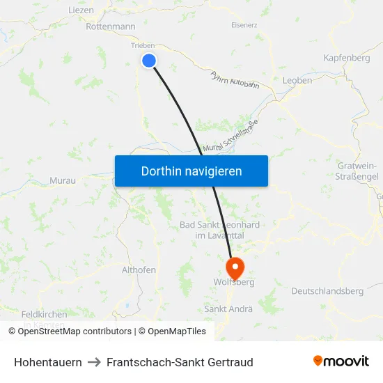 Hohentauern to Frantschach-Sankt Gertraud map