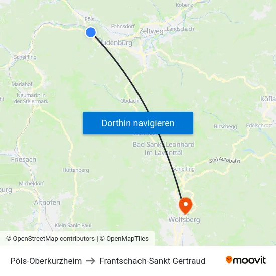 Pöls-Oberkurzheim to Frantschach-Sankt Gertraud map