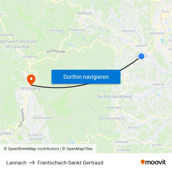 Lannach to Frantschach-Sankt Gertraud map