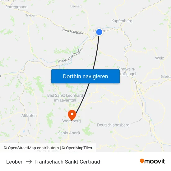 Leoben to Frantschach-Sankt Gertraud map