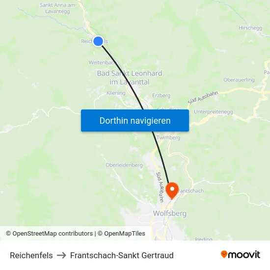 Reichenfels to Frantschach-Sankt Gertraud map