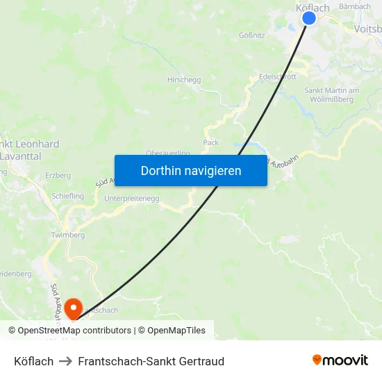 Köflach to Frantschach-Sankt Gertraud map