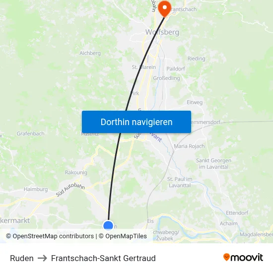 Ruden to Frantschach-Sankt Gertraud map