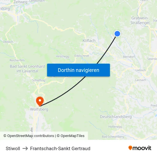 Stiwoll to Frantschach-Sankt Gertraud map