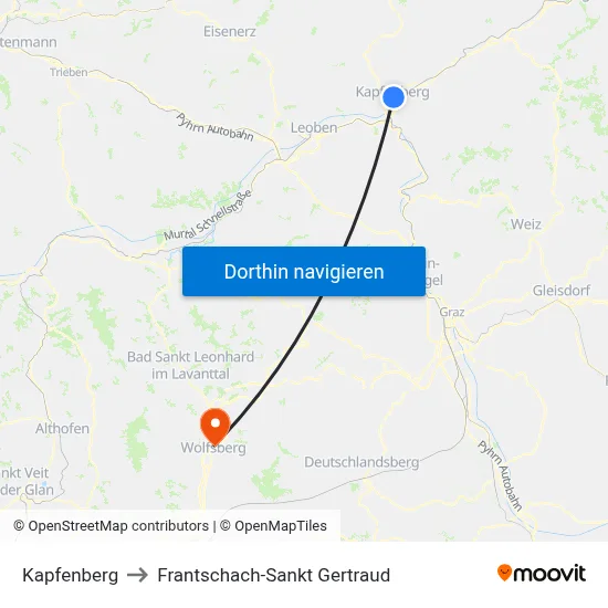 Kapfenberg to Frantschach-Sankt Gertraud map