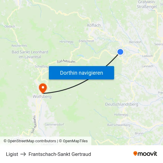 Ligist to Frantschach-Sankt Gertraud map
