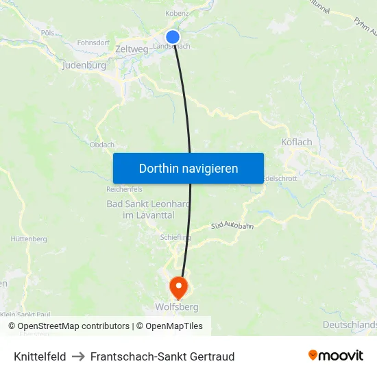 Knittelfeld to Frantschach-Sankt Gertraud map