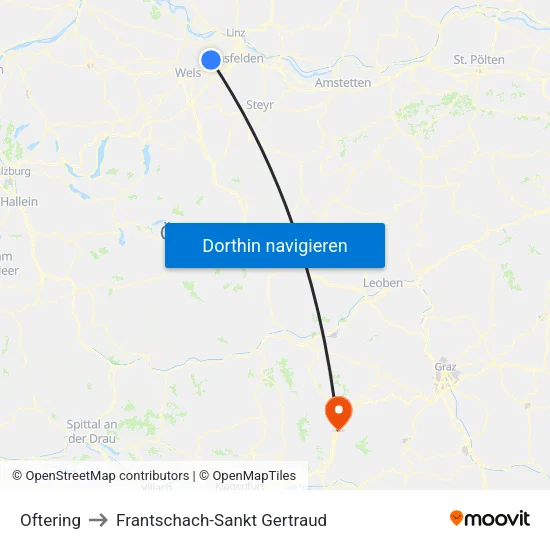 Oftering to Frantschach-Sankt Gertraud map