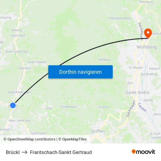 Brückl to Frantschach-Sankt Gertraud map