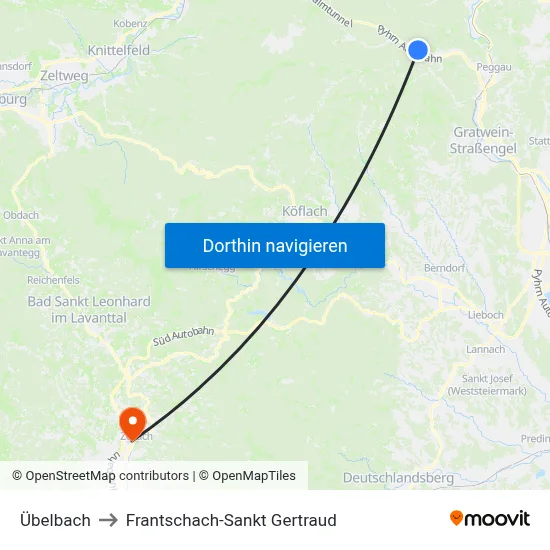 Übelbach to Frantschach-Sankt Gertraud map