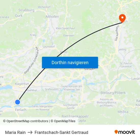 Maria Rain to Frantschach-Sankt Gertraud map