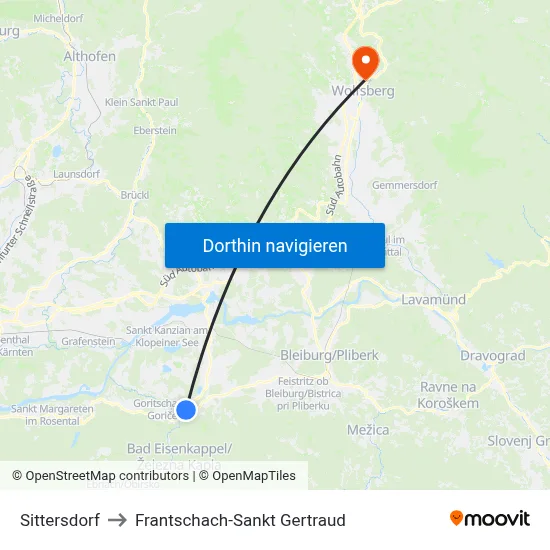 Sittersdorf to Frantschach-Sankt Gertraud map