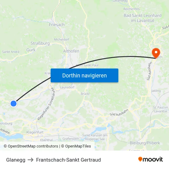 Glanegg to Frantschach-Sankt Gertraud map