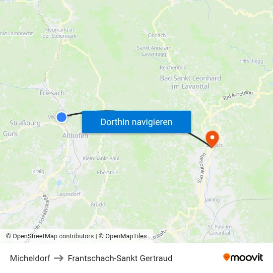 Micheldorf to Frantschach-Sankt Gertraud map