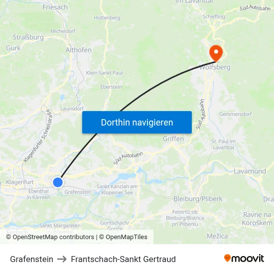 Grafenstein to Frantschach-Sankt Gertraud map