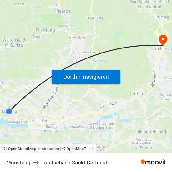 Moosburg to Frantschach-Sankt Gertraud map