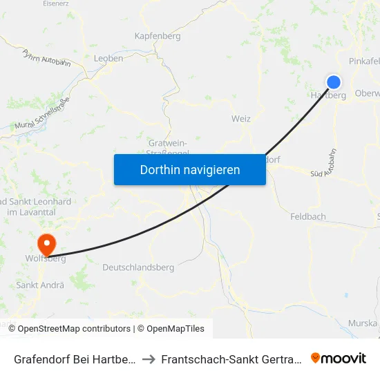Grafendorf Bei Hartberg to Frantschach-Sankt Gertraud map