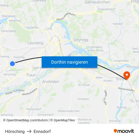 Hörsching to Ennsdorf map