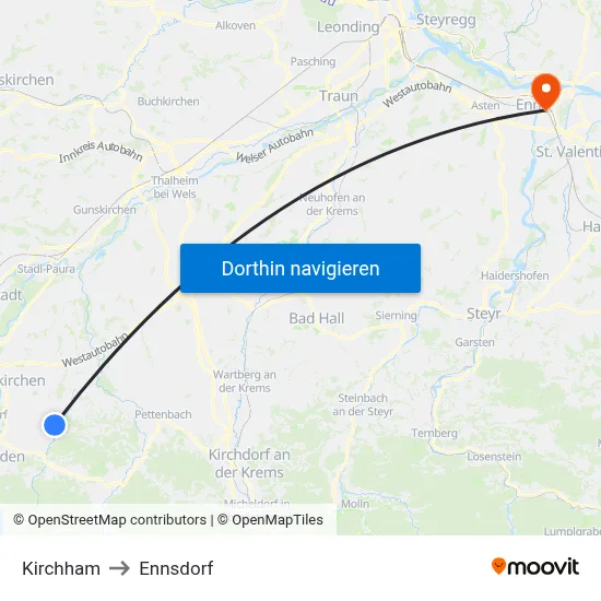 Kirchham to Ennsdorf map