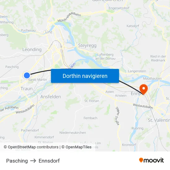 Pasching to Ennsdorf map